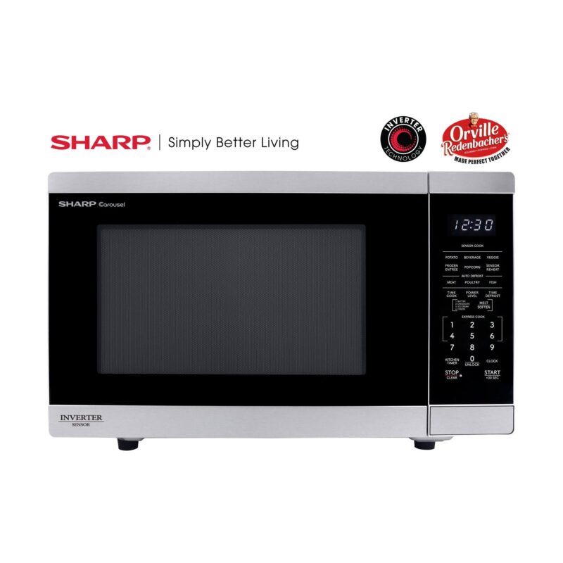 SHARP 1.4 Cubic Foot Countertop Microwave with 1100 Watts. Sensor Cook. Child Lock. 12.4 Inch Turntable. Time Defrost in Stainless Steel ATLEE RH